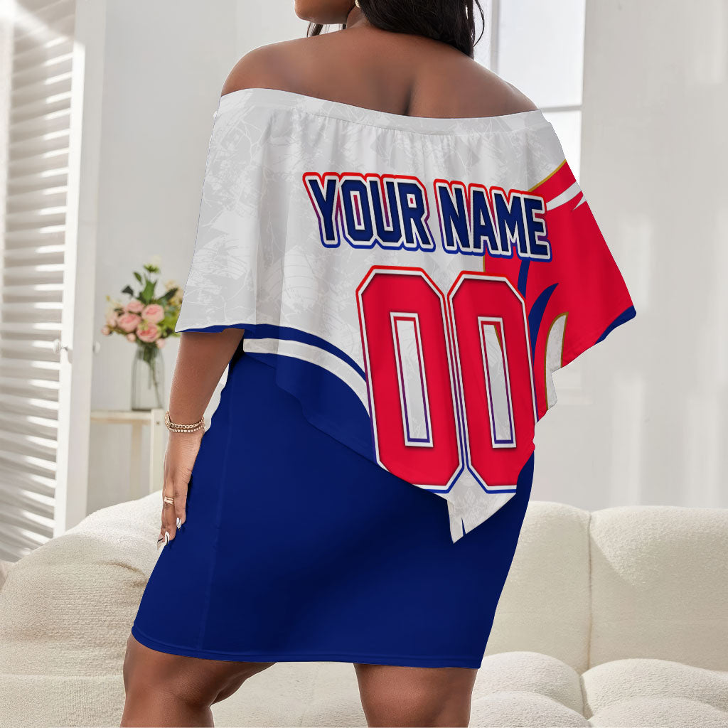 Personalized Haiti Football Champions Off Shoulder Short Dress Roaring Lion Soccer Mascot With Haiti Trophy Flag