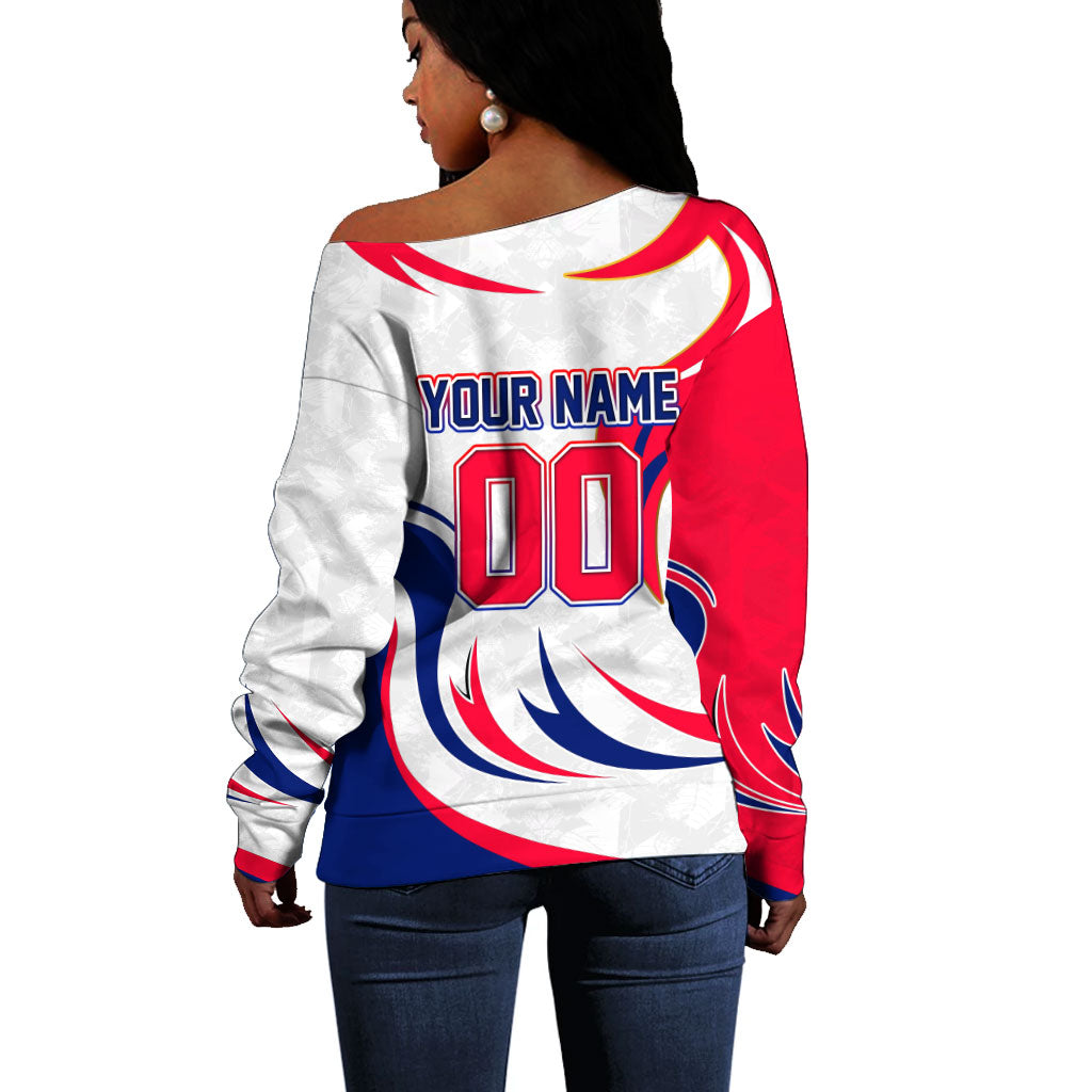 Personalized Haiti Football Champions Off Shoulder Sweater Roaring Lion Soccer Mascot With Haiti Trophy Flag
