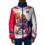 Personalized Haiti Football Champions Padded Jacket Roaring Lion Soccer Mascot With Haiti Trophy Flag