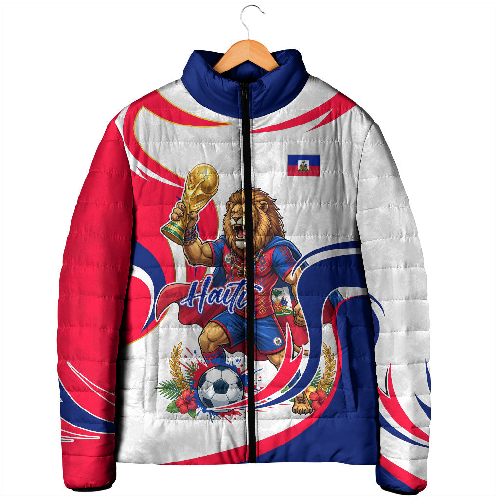Personalized Haiti Football Champions Padded Jacket Roaring Lion Soccer Mascot With Haiti Trophy Flag