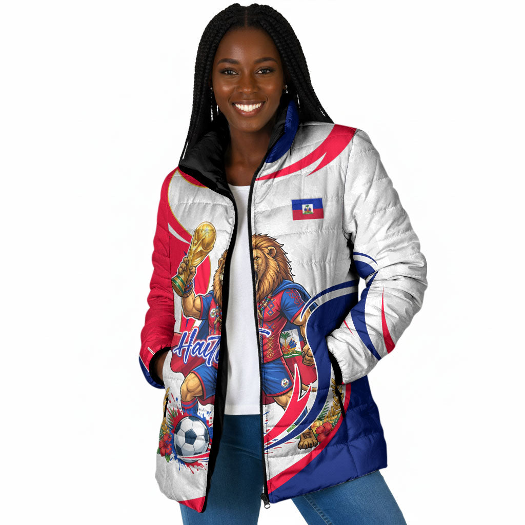 Personalized Haiti Football Champions Padded Jacket Roaring Lion Soccer Mascot With Haiti Trophy Flag