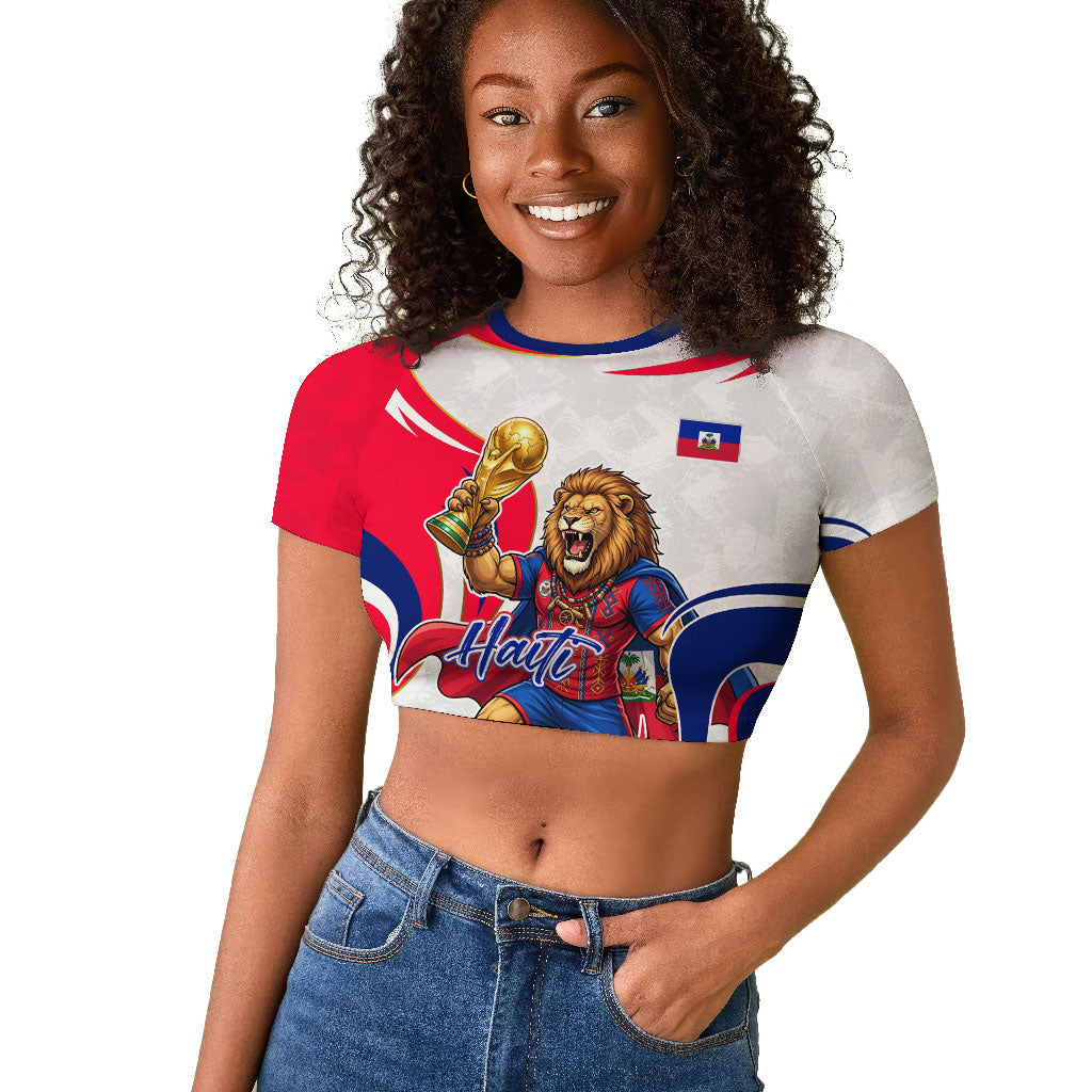 Personalized Haiti Football Champions Raglan Cropped T shirt Roaring Lion Soccer Mascot With Haiti Trophy Flag