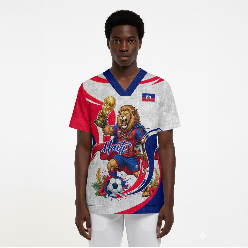 Personalized Haiti Football Champions Scrub Top Roaring Lion Soccer Mascot With Haiti Trophy Flag