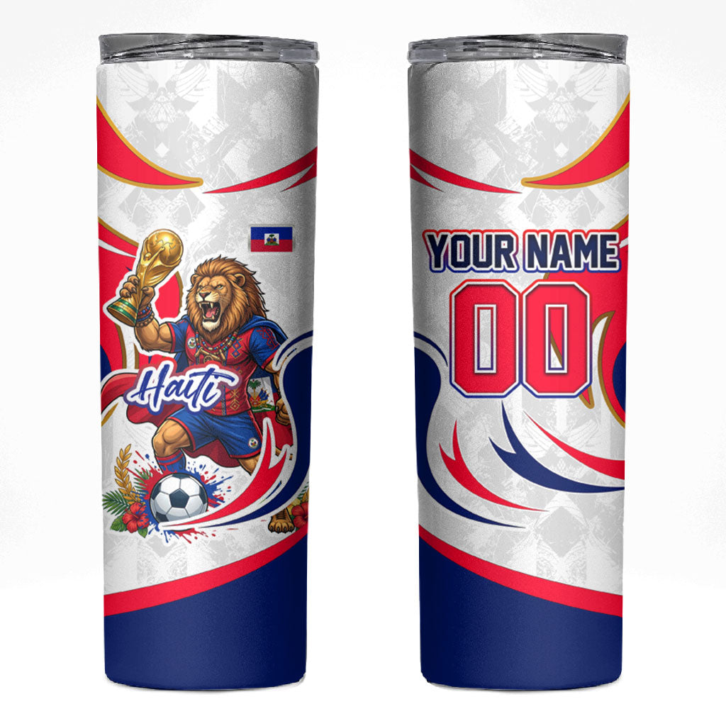 Personalized Haiti Football Champions Skinny Tumbler Roaring Lion Soccer Mascot With Haiti Trophy Flag
