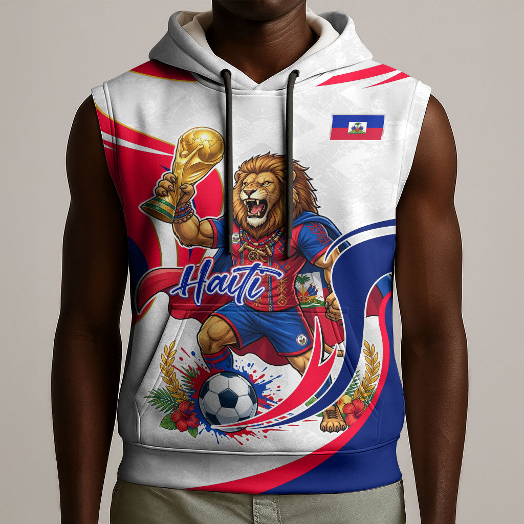 Personalized Haiti Football Champions Sleeveless Hoodie Roaring Lion Soccer Mascot With Haiti Trophy Flag