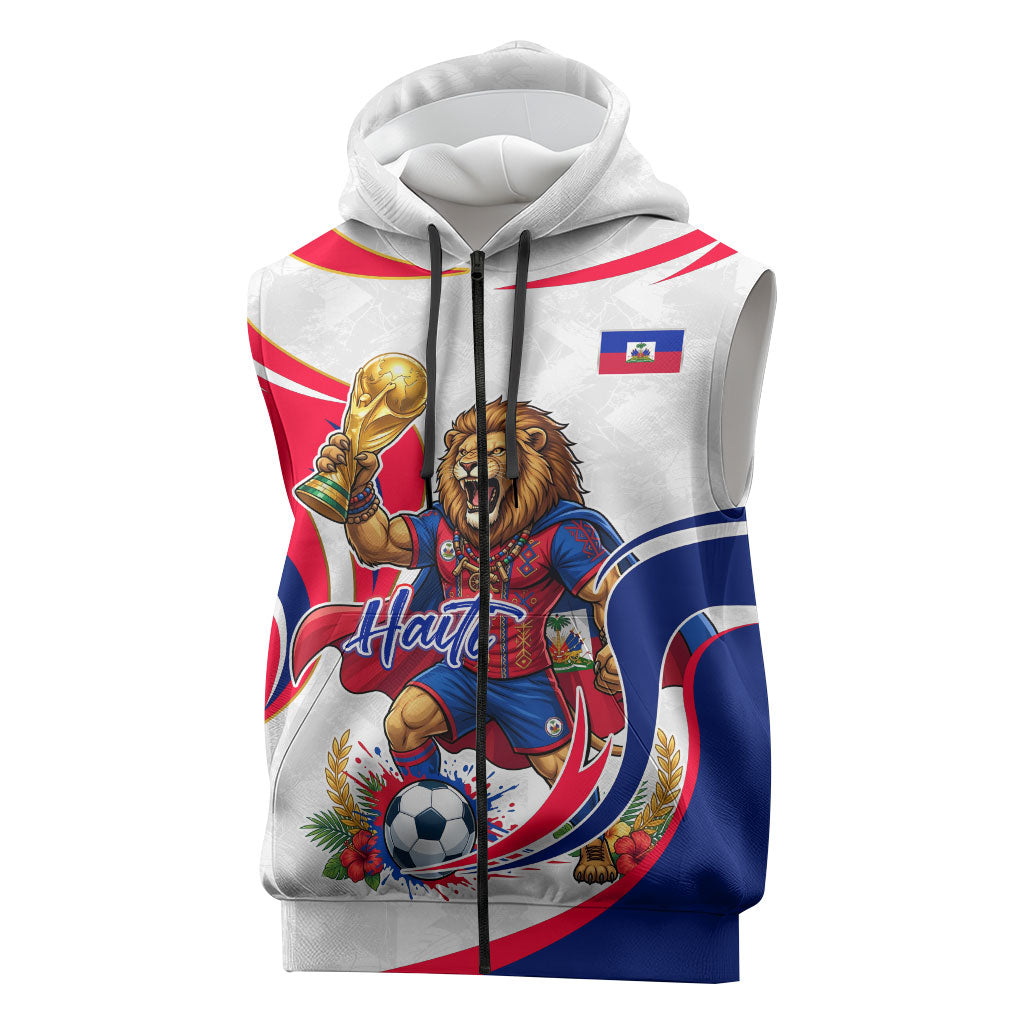 Personalized Haiti Football Champions Sleeveless Zip Hoodie Roaring Lion Soccer Mascot With Haiti Trophy Flag