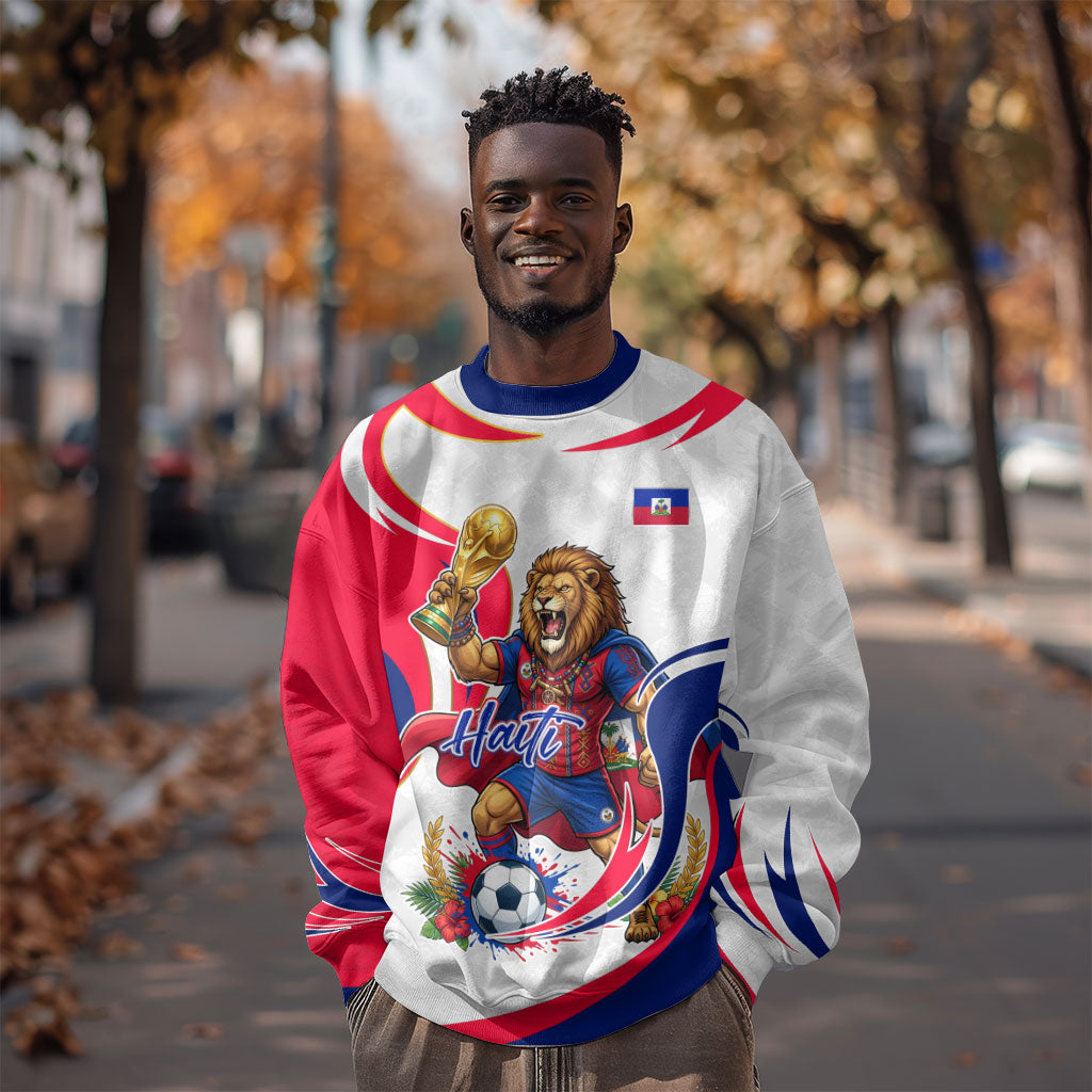 Personalized Haiti Football Champions Sweatshirt Roaring Lion Soccer Mascot With Haiti Trophy Flag