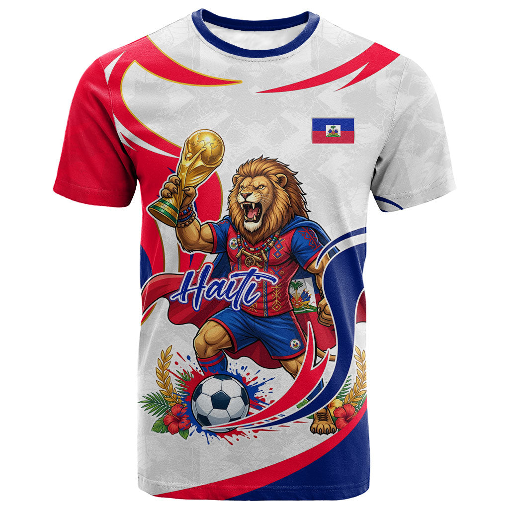 Personalized Haiti Football Champions T shirt Roaring Lion Soccer Mascot With Haiti Trophy Flag