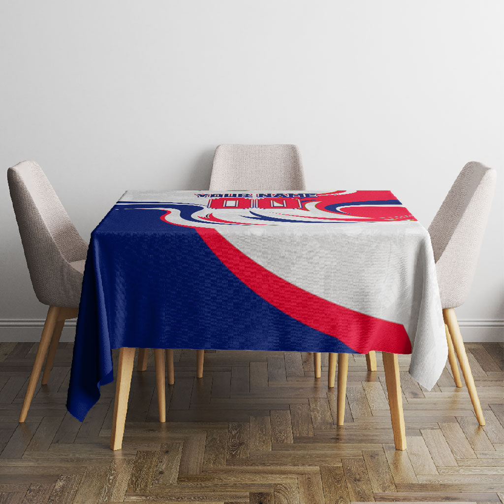 Personalized Haiti Football Champions Tablecloth Roaring Lion Soccer Mascot With Haiti Trophy Flag