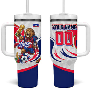 Personalized Haiti Football Champions Tumbler With Handle Roaring Lion Soccer Mascot With Haiti Trophy Flag