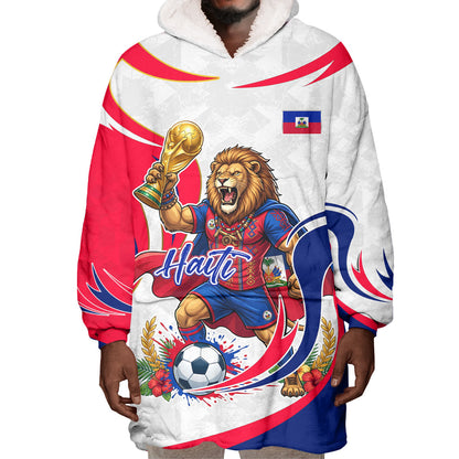 Personalized Haiti Football Champions Wearable Blanket Hoodie Roaring Lion Soccer Mascot With Haiti Trophy Flag