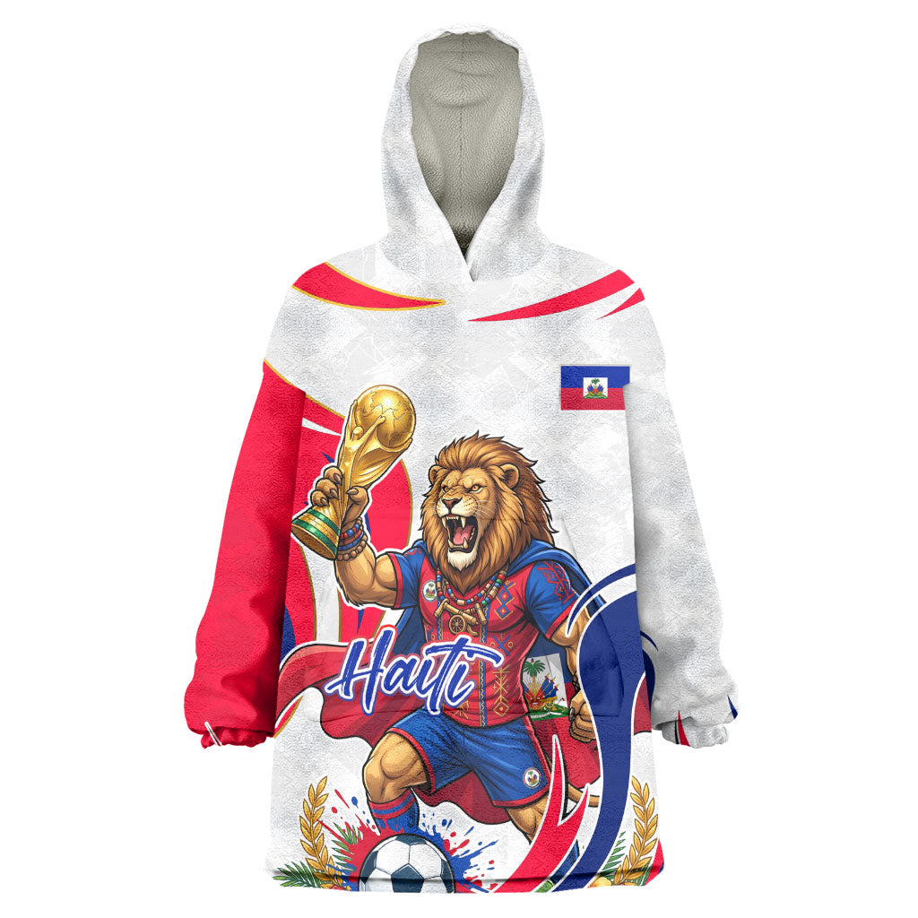 Personalized Haiti Football Champions Wearable Blanket Hoodie Roaring Lion Soccer Mascot With Haiti Trophy Flag