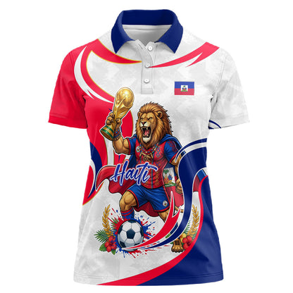 Personalized Haiti Football Champions Women Polo Shirt Roaring Lion Soccer Mascot With Haiti Trophy Flag