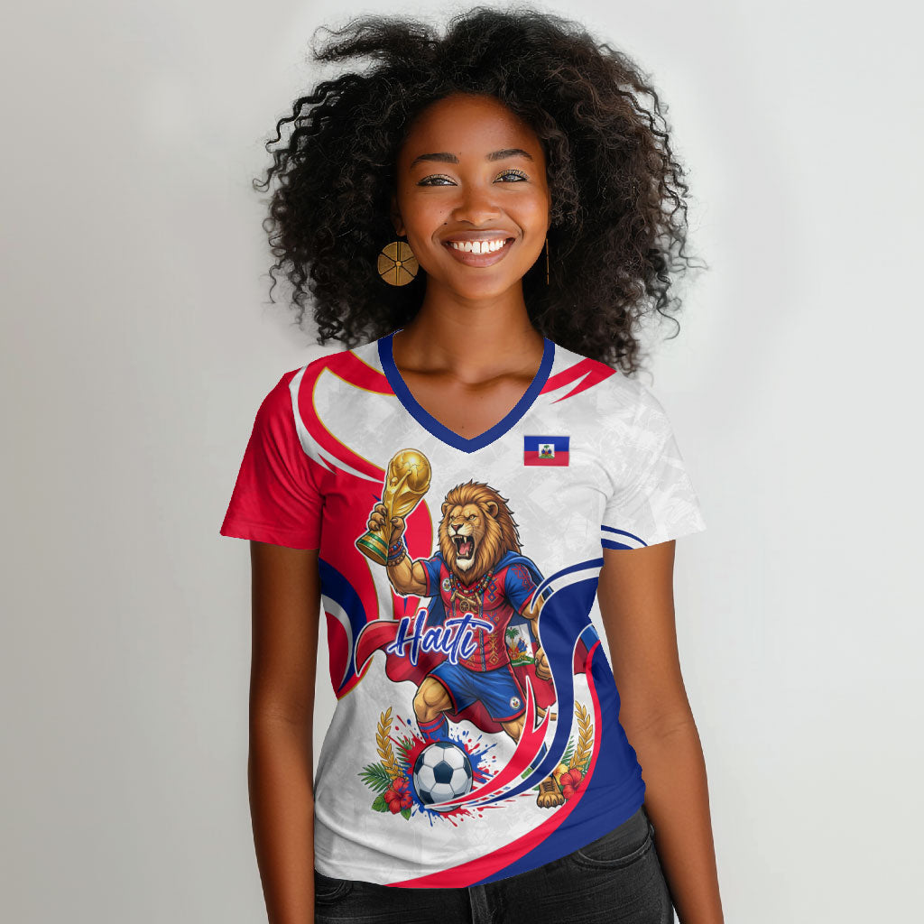 Personalized Haiti Football Champions Women V-Neck T-Shirt Roaring Lion Soccer Mascot With Haiti Trophy Flag