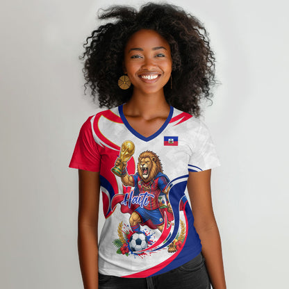 Personalized Haiti Football Champions Women V-Neck T-Shirt Roaring Lion Soccer Mascot With Haiti Trophy Flag