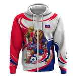 Personalized Haiti Football Champions Zip Hoodie Roaring Lion Soccer Mascot With Haiti Trophy Flag