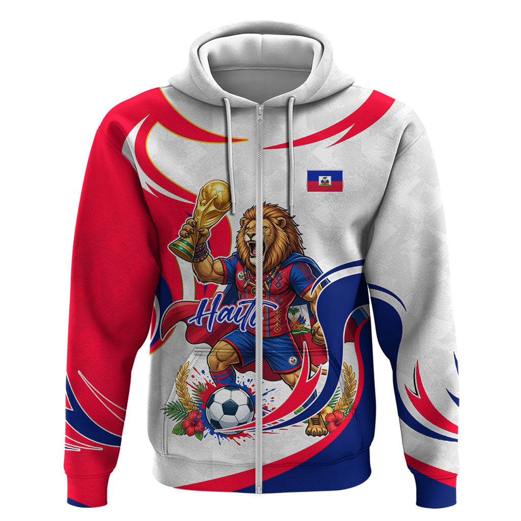 Personalized Haiti Football Champions Zip Hoodie Roaring Lion Soccer Mascot With Haiti Trophy Flag