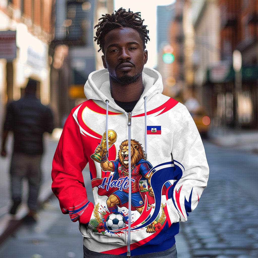 Personalized Haiti Football Champions Zip Hoodie Roaring Lion Soccer Mascot With Haiti Trophy Flag