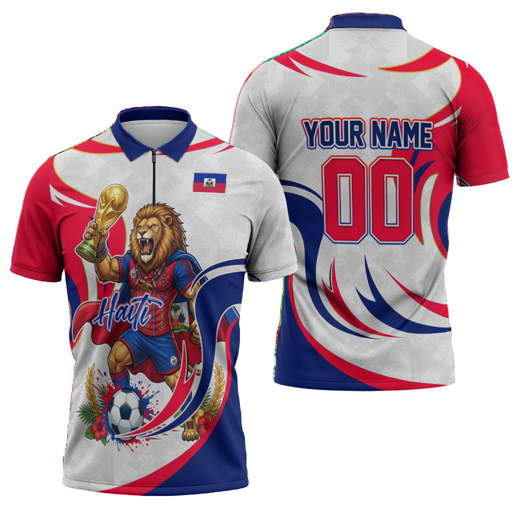 Personalized Haiti Football Champions Zipper Polo Shirt Roaring Lion Soccer Mascot With Haiti Trophy Flag