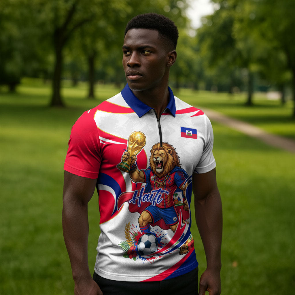 Personalized Haiti Football Champions Zipper Polo Shirt Roaring Lion Soccer Mascot With Haiti Trophy Flag