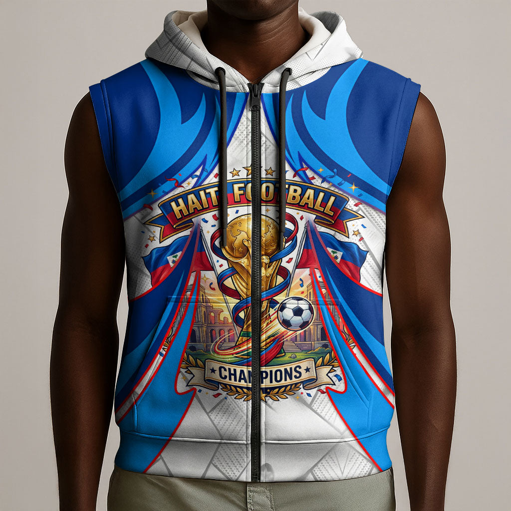 Personalized Haiti Football Champions Sleeveless Zip Hoodie World Soccer Winning Trophy 2026