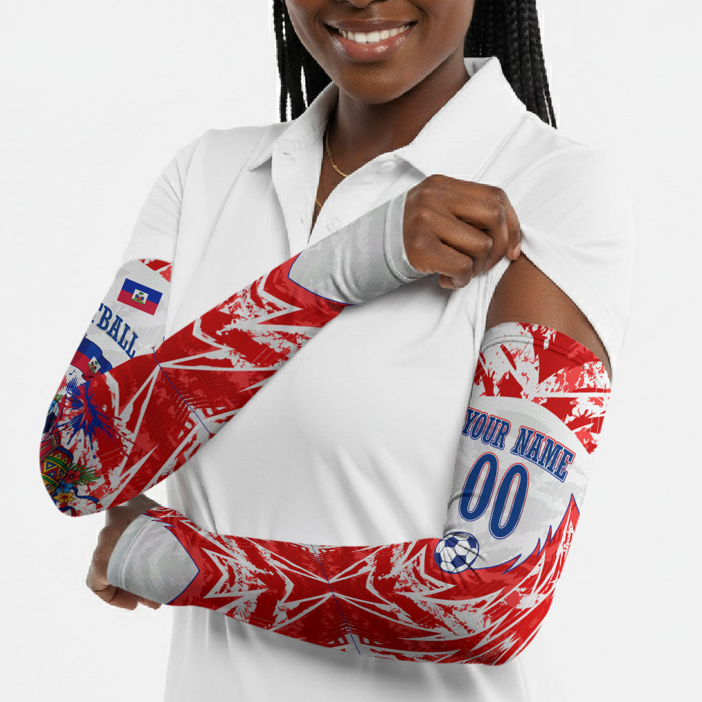 Custom Haiti Football Champions Arm Sleeves Haitian Soccer Fan - Tanbou Drums Tropical Flowers