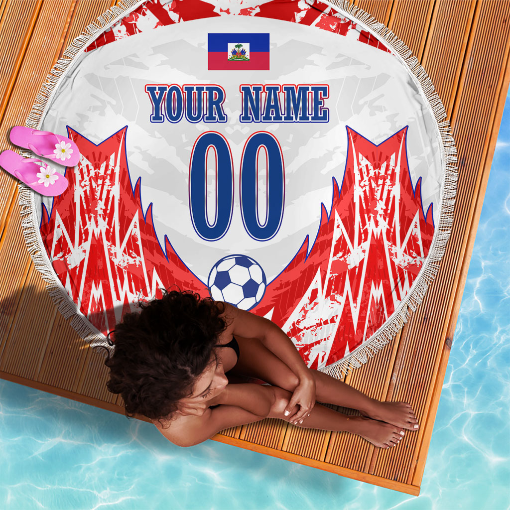 Custom Haiti Football Champions Beach Blanket Haitian Soccer Fan - Tanbou Drums Tropical Flowers