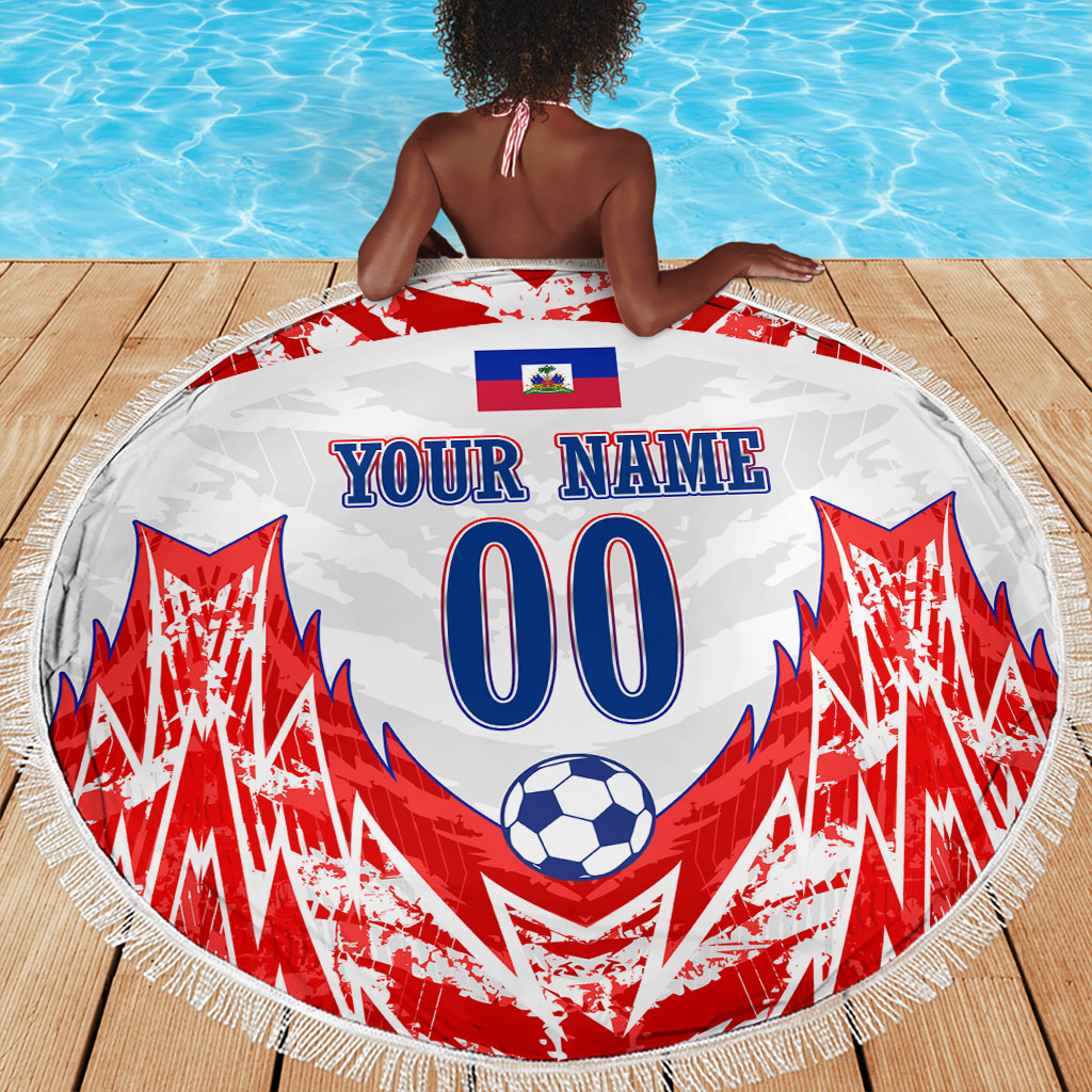 Custom Haiti Football Champions Beach Blanket Haitian Soccer Fan - Tanbou Drums Tropical Flowers