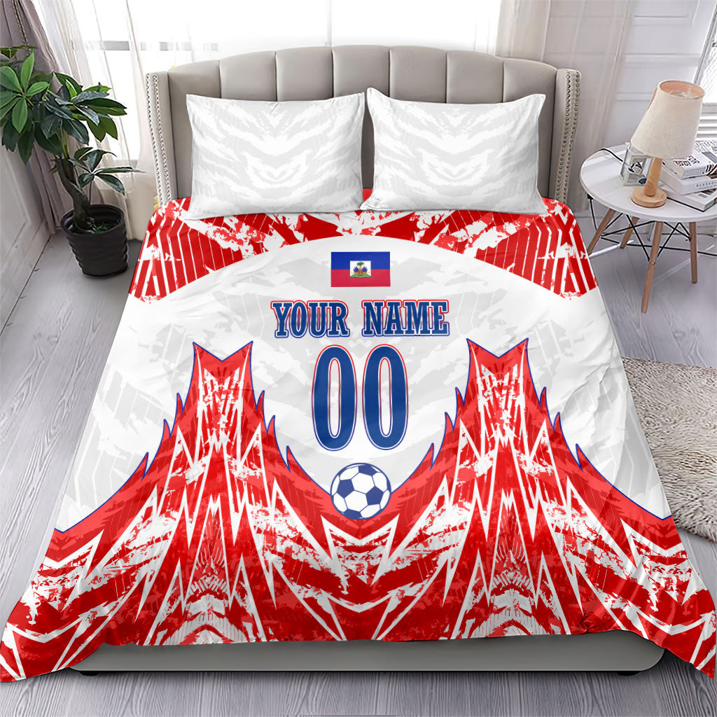 Custom Haiti Football Champions Bedding Set Haitian Soccer Fan - Tanbou Drums Tropical Flowers