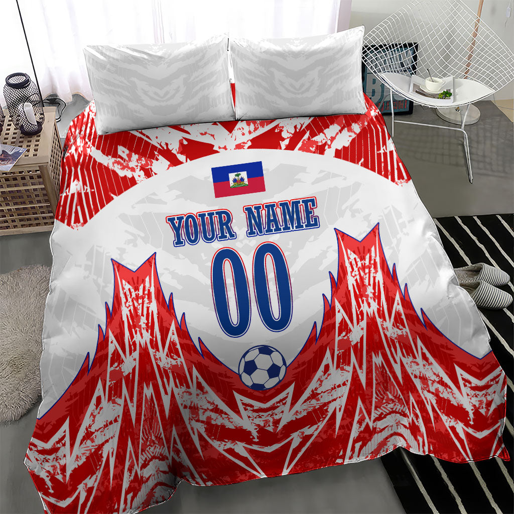 Custom Haiti Football Champions Bedding Set Haitian Soccer Fan - Tanbou Drums Tropical Flowers