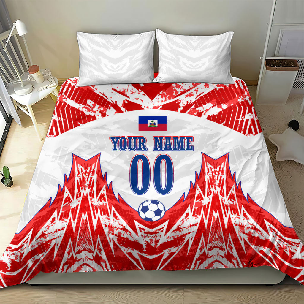 Custom Haiti Football Champions Bedding Set Haitian Soccer Fan - Tanbou Drums Tropical Flowers