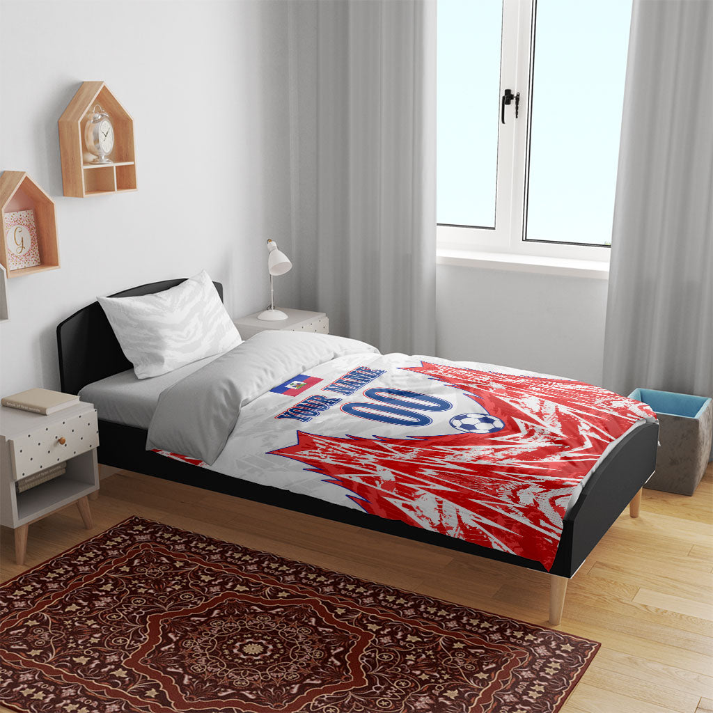 Custom Haiti Football Champions Bedding Set Haitian Soccer Fan - Tanbou Drums Tropical Flowers