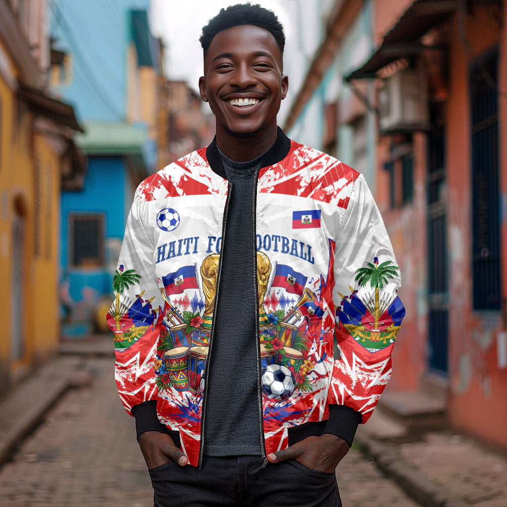 Custom Haiti Football Champions Bomber Jacket Haitian Soccer Fan - Tanbou Drums Tropical Flowers