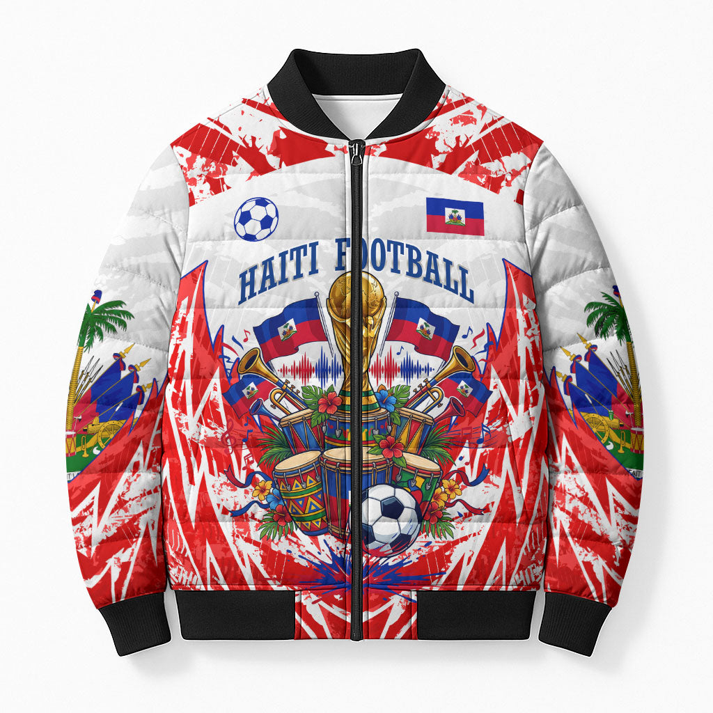 Custom Haiti Football Champions Bomber Puffer Jacket Haitian Soccer Fan - Tanbou Drums Tropical Flowers