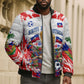 Custom Haiti Football Champions Bomber Puffer Jacket Haitian Soccer Fan - Tanbou Drums Tropical Flowers