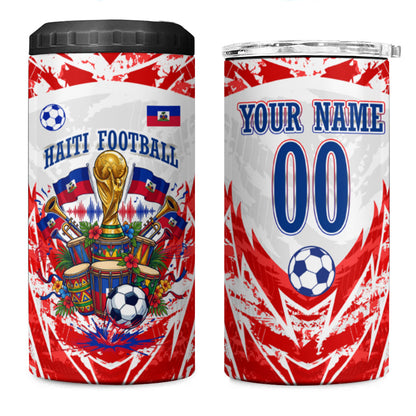 Custom Haiti Football Champions 4 in 1 Can Cooler Tumbler Haitian Soccer Fan - Tanbou Drums Tropical Flowers