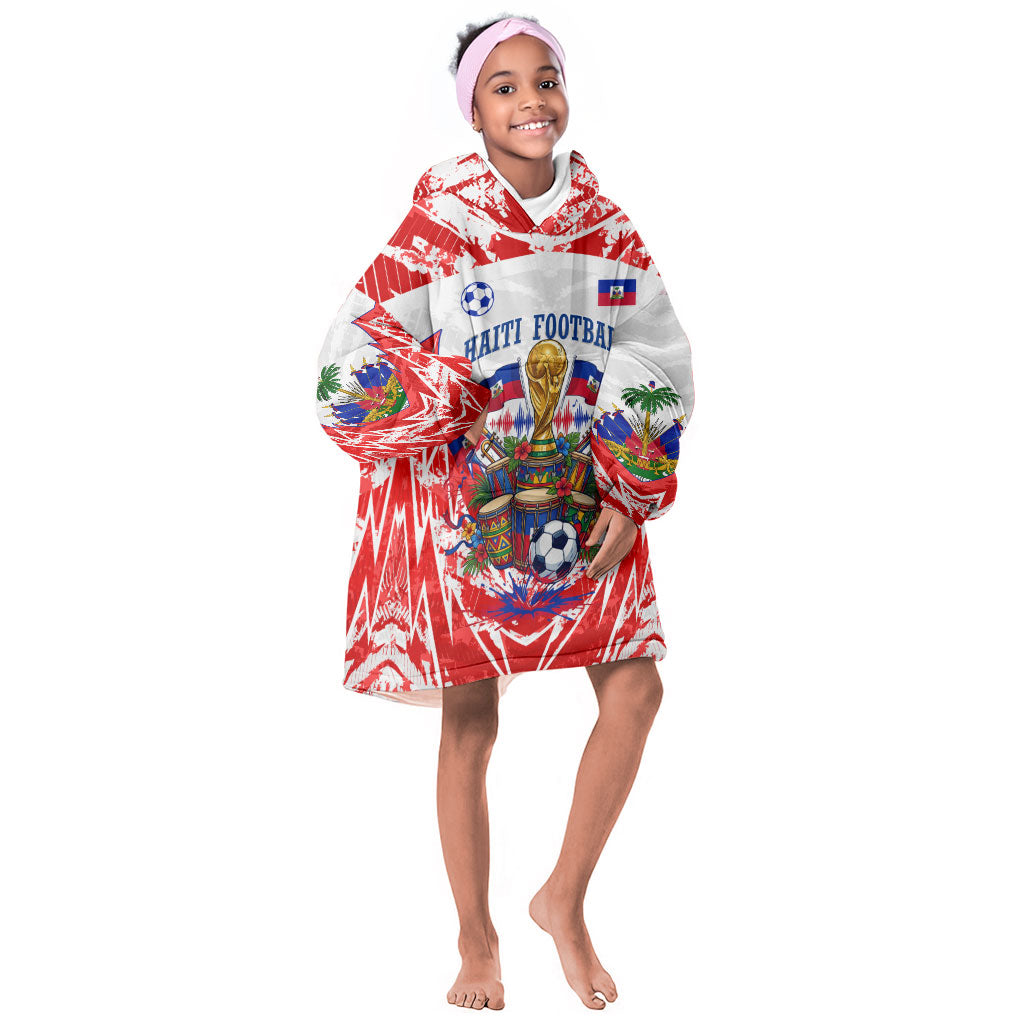 Custom Haiti Football Champions Kid Wearable Blanket Hoodie Haitian Soccer Fan - Tanbou Drums Tropical Flowers