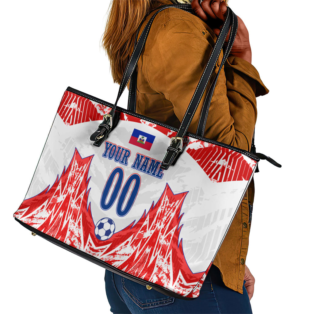 Custom Haiti Football Champions Leather Tote Bag Haitian Soccer Fan - Tanbou Drums Tropical Flowers