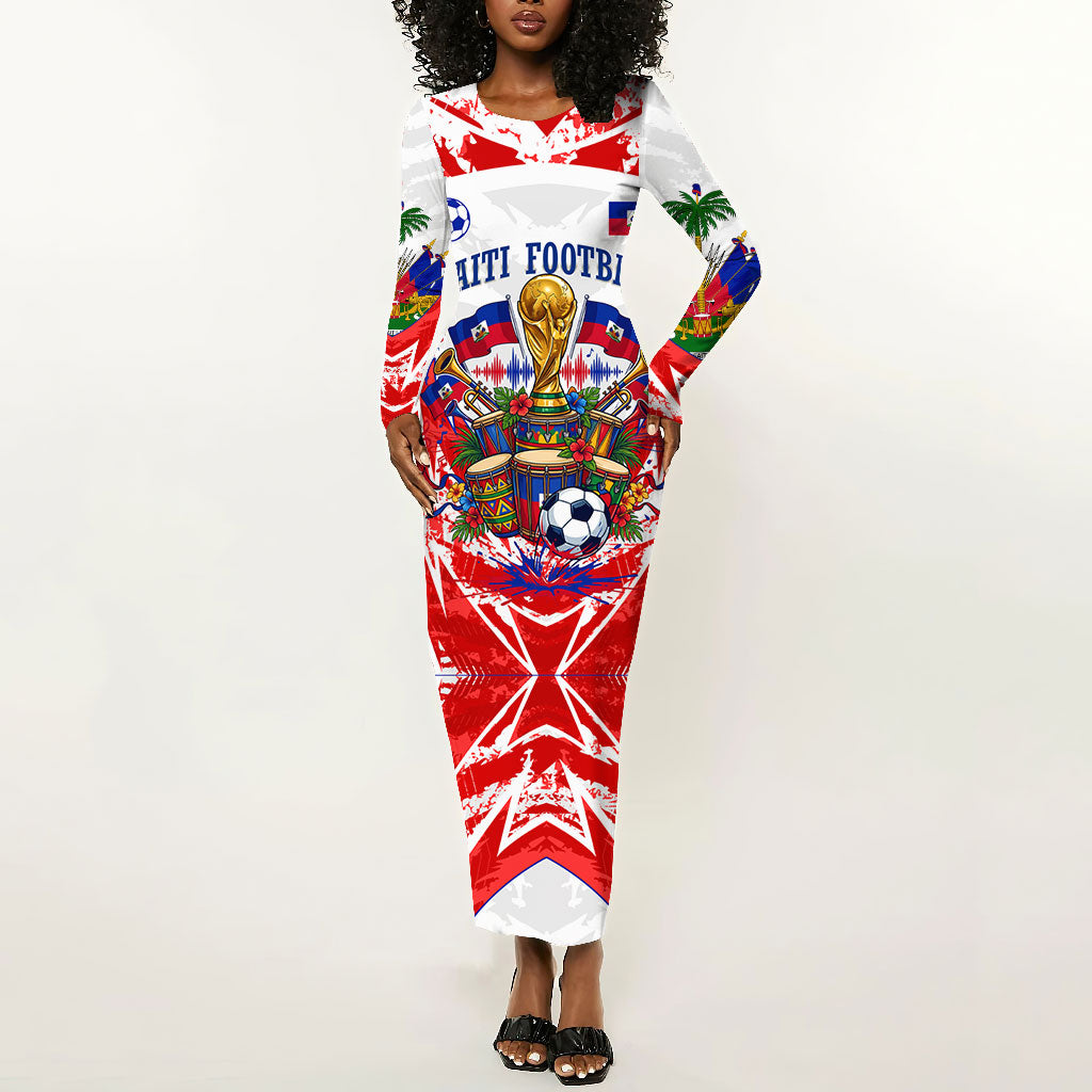 Custom Haiti Football Champions Long Sleeve Bodycon Dress Haitian Soccer Fan - Tanbou Drums Tropical Flowers