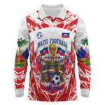 Custom Haiti Football Champions Long Sleeve Polo Shirt Haitian Soccer Fan - Tanbou Drums Tropical Flowers