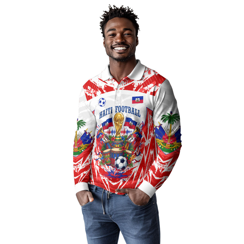 Custom Haiti Football Champions Long Sleeve Polo Shirt Haitian Soccer Fan - Tanbou Drums Tropical Flowers