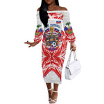 Custom Haiti Football Champions Off The Shoulder Long Sleeve Dress Haitian Soccer Fan - Tanbou Drums Tropical Flowers