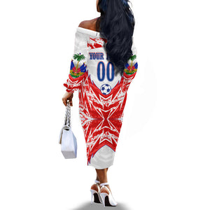 Custom Haiti Football Champions Off The Shoulder Long Sleeve Dress Haitian Soccer Fan - Tanbou Drums Tropical Flowers