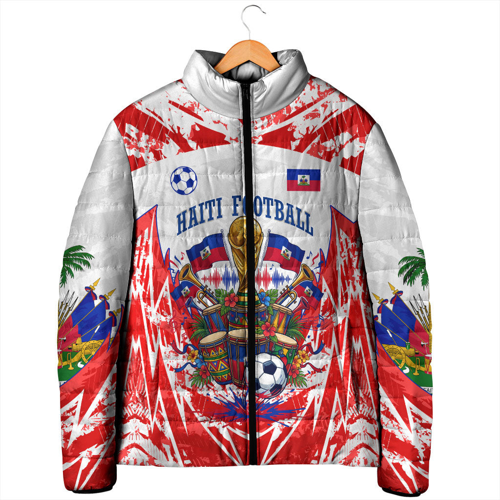 Custom Haiti Football Champions Padded Jacket Haitian Soccer Fan - Tanbou Drums Tropical Flowers
