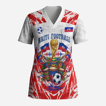 Custom Haiti Football Champions Scrub Top Haitian Soccer Fan - Tanbou Drums Tropical Flowers