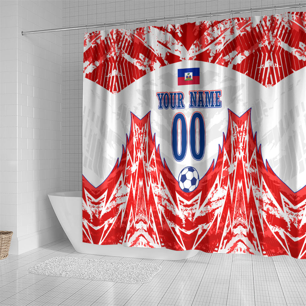 Custom Haiti Football Champions Shower Curtain Haitian Soccer Fan - Tanbou Drums Tropical Flowers