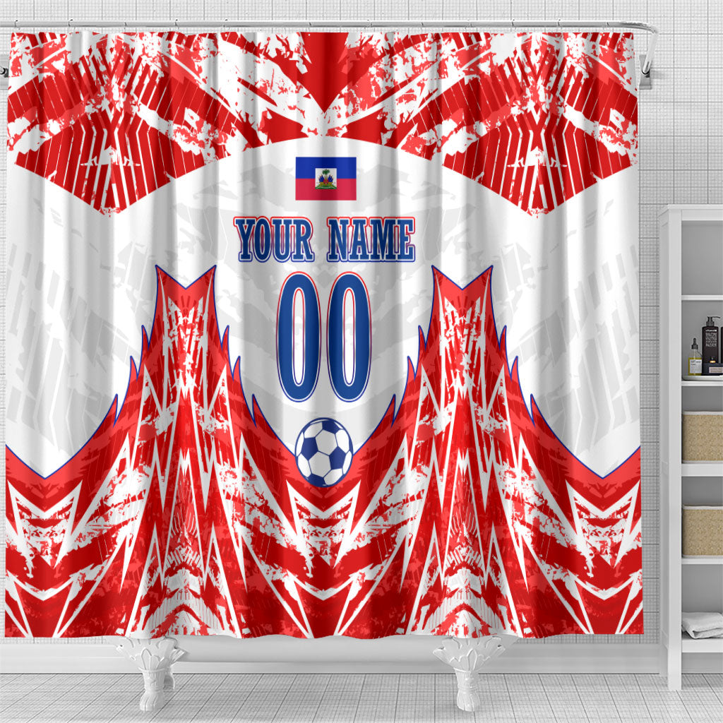 Custom Haiti Football Champions Shower Curtain Haitian Soccer Fan - Tanbou Drums Tropical Flowers