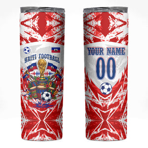 Custom Haiti Football Champions Skinny Tumbler Haitian Soccer Fan - Tanbou Drums Tropical Flowers