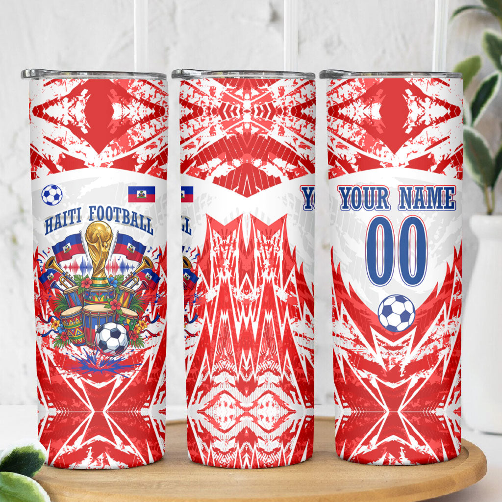 Custom Haiti Football Champions Skinny Tumbler Haitian Soccer Fan - Tanbou Drums Tropical Flowers