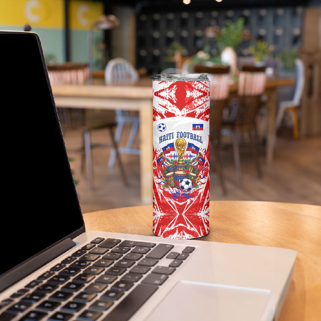 Custom Haiti Football Champions Skinny Tumbler Haitian Soccer Fan - Tanbou Drums Tropical Flowers
